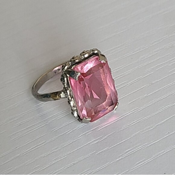 Vintage Boho Antique Sterling Silver Rectangle Pink Topaz Crystal Ring 6 - Picture 9 of 14